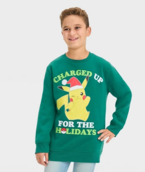 Boys' Pokemon Pikachu Holiday Pullover Sweatshirt - Green L