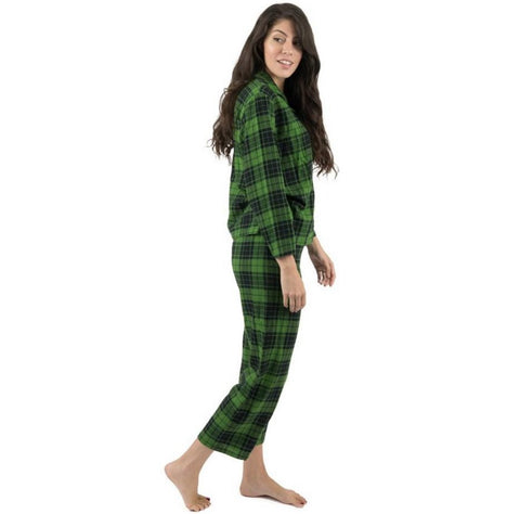 Leveret Womens Two Piece Flannel Pajamas Plaid Black & Green Large