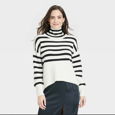 Women's Mock Turtleneck Pullover Sweater - A New Day™ Cream Striped XL