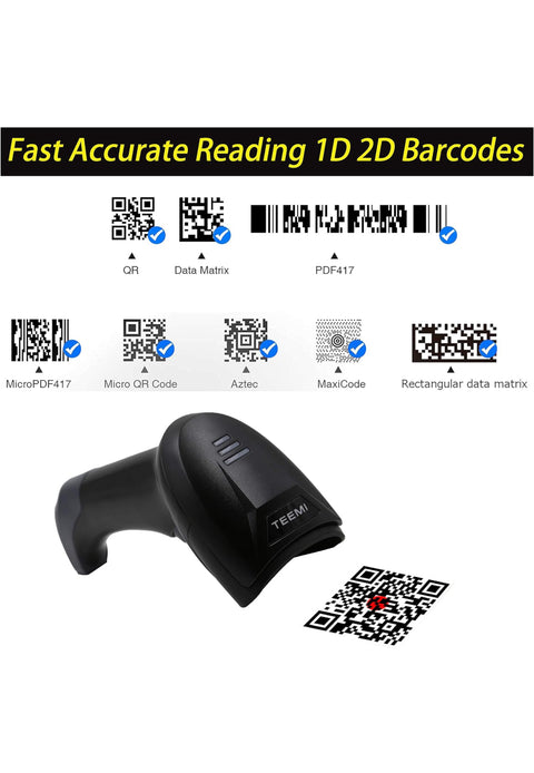 TEEMI QR Bluetooth 5.0 Barcode Scanner with Wall Mountable USB Charging Cradle Data Receiver, 1D 2D Wireless CMOS Screen Scanning PDF417 Data Matrix, Powerful Driver License Data Parsing