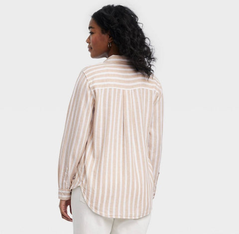 Women's Linen Long Sleeve Collared Button-Down Shirt - Universal Thread™ Tan Striped