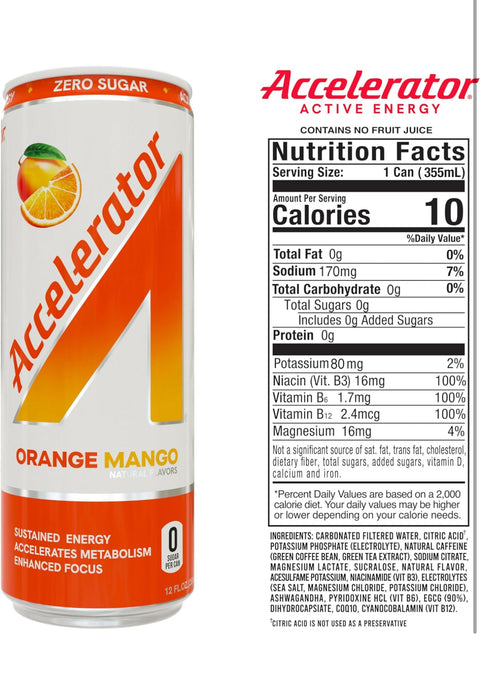 Accelerator Orange Mango Energy Drink, 12 fl oz can (Pack of 12)