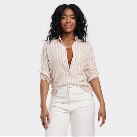 Women's Linen Long Sleeve Collared Button-Down Shirt - Universal Thread™ Tan Striped