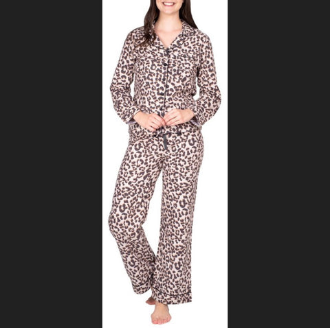 Blis Women's Long Sleeve Flannel Notch Pajama Set Leopard L