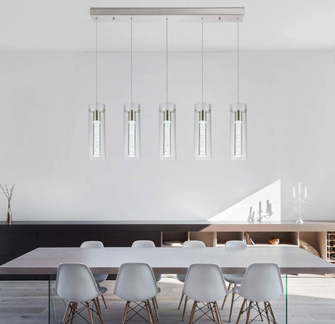 Modern Kitchen Lighting Pendant Fixtures 5-Light LED Pendant Ceiling Fixture Brushed Nickel Bubble Cylinder Pendant Light with Adjustable Length