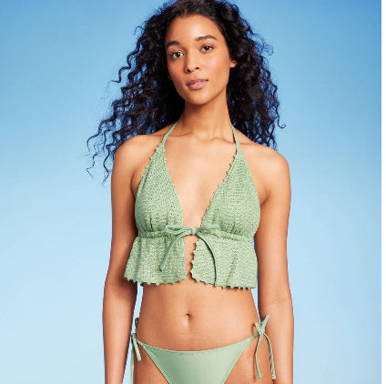 Women's Crochet Tie-Front Longline Bikini Top - Wild Fable™ Soft Green