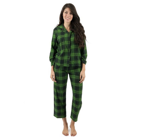 Leveret Womens Two Piece Flannel Pajamas Plaid Black & Green Large