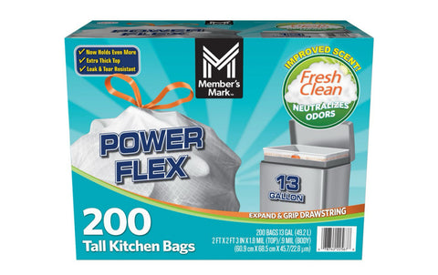 Member's Mark Power Flex Tall
Kitchen Drawstring Trash Bags, Fresh Scent 13 gal., 200 ct.