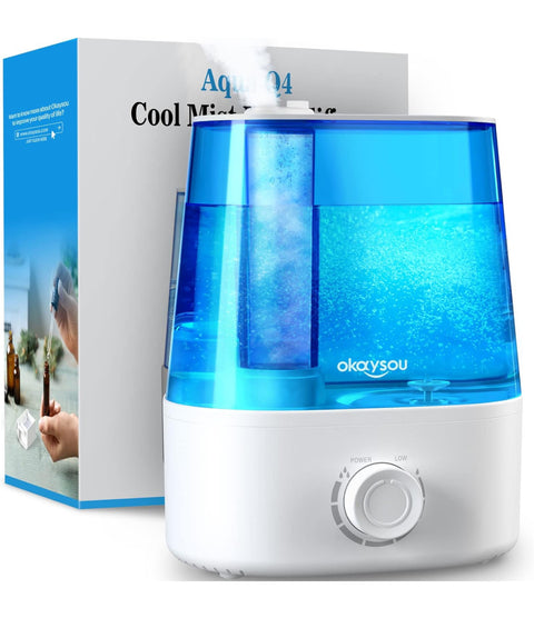 Okaysou Humidifiers for Bedroom Large Room, 2.2L Humidifier W/Essential Oil Diffuser for Baby, Quiet Cool Mist Ultrasonic Humidifiers, 360° Mist Nozzle, Easy-Fill Tank, Auto Safety Shut-off, Blue