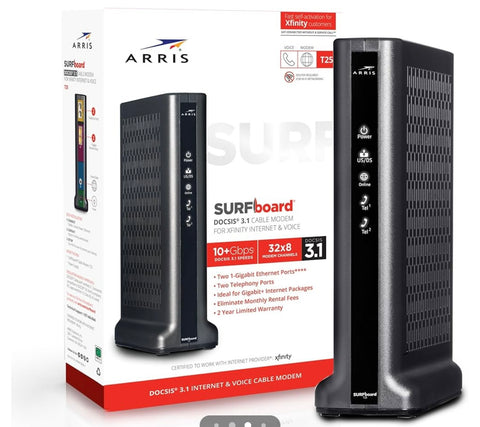 ARRIS SURFboard T25 DOCSIS 3.1 Gigabit Cable Modem, Comcast Xfinity Internet & Voice, Two 1 Gbps Ports, 2 Telephony Ports, 800
Mbps Max with Xfinity Internet Plans,