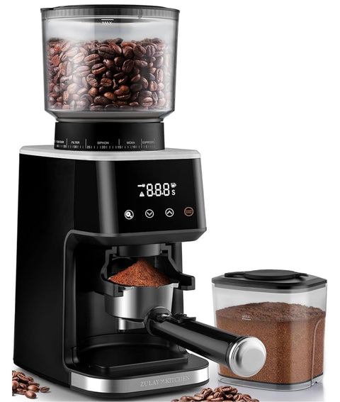 Zulay Adjustable Burr Coffee Grinder With Over 50 Precise Grind

Settings - Premium Espresso Grinder With Touch Screen & Anti-
Static Technology - Black/Silver