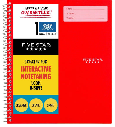 Five Star 100 Sheets Wide Ruled Interactive Notebook Red
