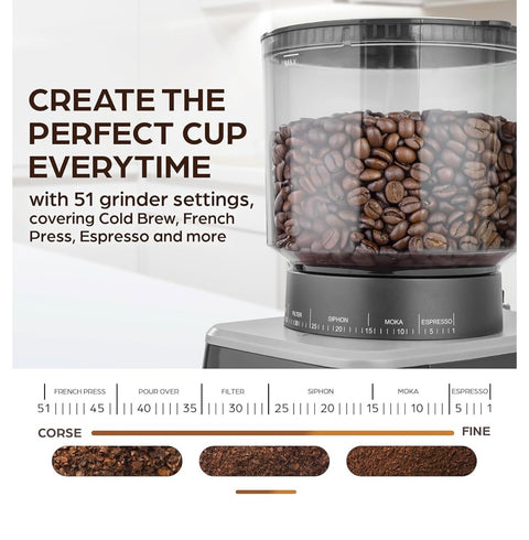 Zulay Adjustable Burr Coffee Grinder With Over 50 Precise Grind

Settings - Premium Espresso Grinder With Touch Screen & Anti-
Static Technology - Black/Silver