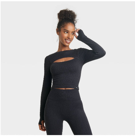 Women's Textured Seamless Long Sleeve Top - JoyLab™ Black