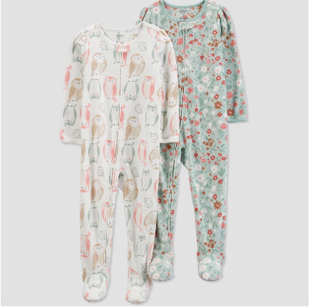 Carter's Just One You® Toddler Girls' 2pk Florals and Owls Fleece Footed Pajama - Ivory/Green  Multiple Sizes