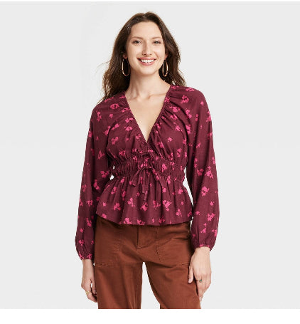 Women's Puff Long Sleeve Tie-Front Blouse - Universal Thread™ Floral