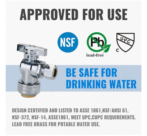 SUNGATOR 25-Pack Angle Stop Valve, Angle Water Shut Off Valve

1/2 x 3/8 Inch Compression, Toilet Water Valve, 1/4 Turn, No Lead

Brass Push to Connect Plumbing Fitting, Pushfit, PEX Pipe, Copper,
CPVC