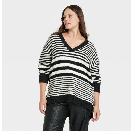 Women's Fuzzy V-Neck Tunic Pullover Sweater - Ava & Viv™ White Striped 3X