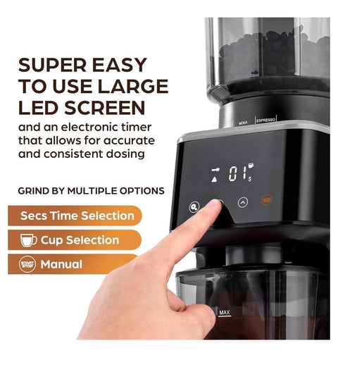 Zulay Adjustable Burr Coffee Grinder With Over 50 Precise Grind

Settings - Premium Espresso Grinder With Touch Screen & Anti-
Static Technology - Black/Silver