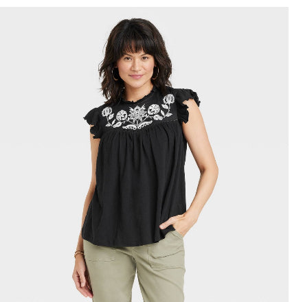 Women's Short Sleeve Embroidered Top - Knox Rose™ Black Floral