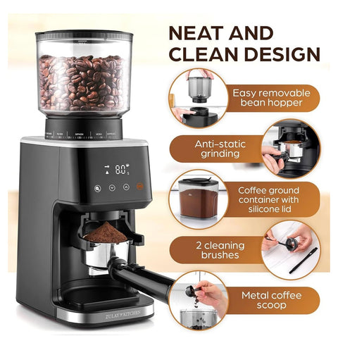 Zulay Adjustable Burr Coffee Grinder With Over 50 Precise Grind

Settings - Premium Espresso Grinder With Touch Screen & Anti-
Static Technology - Black/Silver