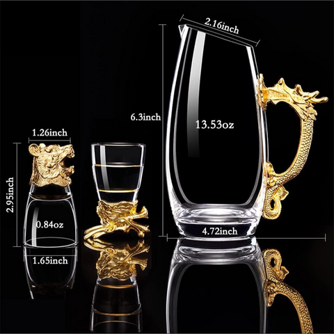 YingXue Chinese Zodiac Whiskey Glasses Set of 12 and Dragon Handle Wine Splitter Set