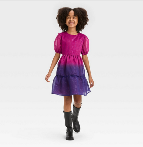 Girls' Short Sleeve Ombre Sparkle Dress - Cat & Jack™ Magenta Pink Size 6/7