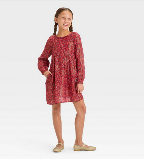 Girls' Long Sleeve Woven Mini Floral Dress - Cat & Jack™ Burgundy M (8)