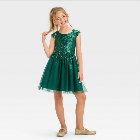 Girls' Cap Sleeve Sequin Dress - Cat & Jack™
Green XL (14)