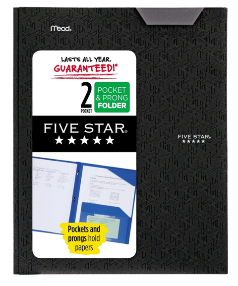 Five Star 2 Pocket Plastic Folder with Prongs - Various Colors