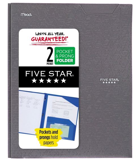 Five Star 2 Pocket Plastic Folder with Prongs - Various Colors