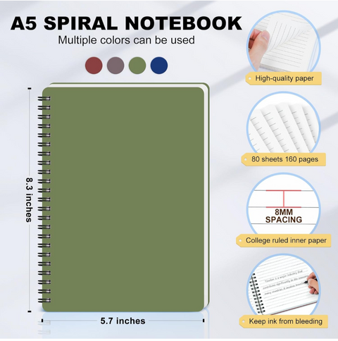 Spiral Notebook, 5.7" x 8.3" College Ruled Notebook with 4 Colors Spiral Journals for Women, 80 Sheets / 160 Pages Per Journal with Twin-Wire Binding, Thick Plastic Hardcover and 8mm Ruled Lined