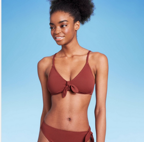 Women's Tie-Front Pique Textured Bralette Bikini Top - Wild Fable™ Rust XS - Women's Pique Textured High Leg Cheeky High Waist Bikini Bottom - Wild Fable™ Rust XXS