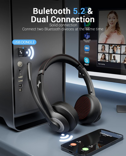 Wireless Headset with AI Noise Cancelling Microphone Bluetooth Headset - Bluetooth V5.2 Headphones with USB Dongle