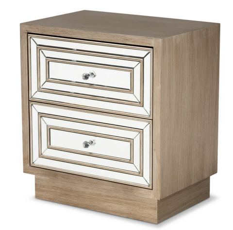 Ellis Transitional Glam And Luxe Natural Brown Finished Wood 2-Drawer Nightstand With Mirrored Glass