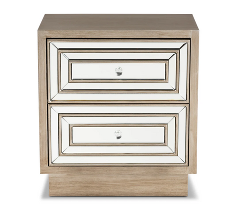 Ellis Transitional Glam And Luxe Natural Brown Finished Wood 2-Drawer Nightstand With Mirrored Glass