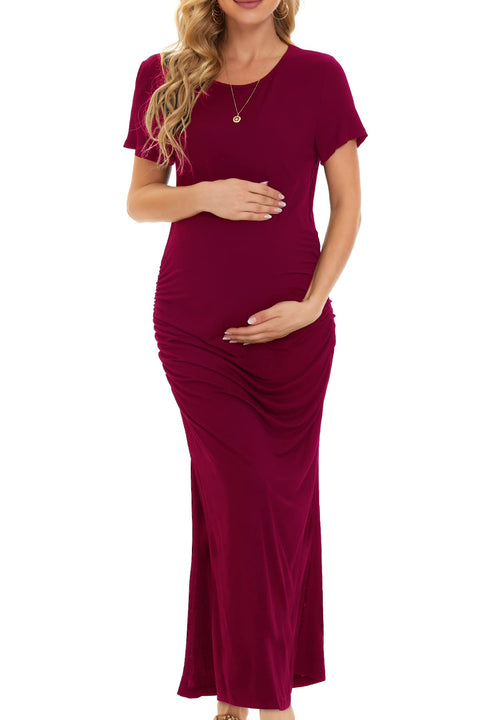 Smallshow Women's Split Long Maternity Dress Short Sleeve Ruched Pregnancy Clothes