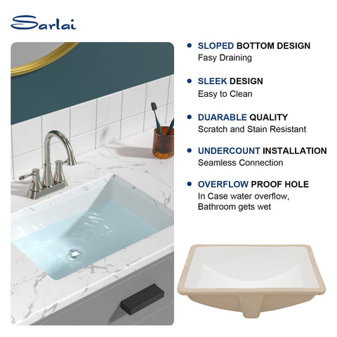 Undermount Bathroom Sink - Sarlai 21 x 15 inch Rectangular Vessel Sink Undermount Sink Modern White Ceramic Rectangle Sink, Vanity Sink Art Basin with Overflow, Interior Bowl Size 19" x 13"