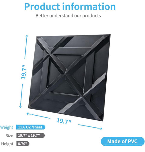 Art3d PVC 3D Wall Panel, Decorative Wall Tile in Black 12-Pack 19.7"x19.7"