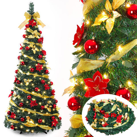 Decoway 6 Ft Pre Lit Pre Decorated Christmas Tree Pop Up Christmas Tree with Decorations and 200-LED Warm Lights, Red Gold