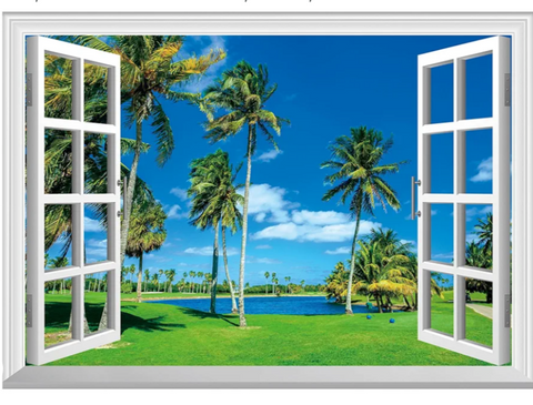FLFK Fake Window Wall Mural - Lawn by The Sea Faux Window Wall Sticker for Wall Decor, Stick and Peel Wall Decals,80"x60",Set of 5 Sheets