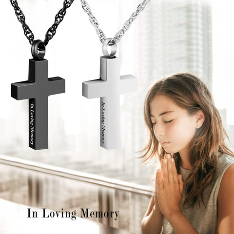Cross Urn Necklace Set of 2, Stainless Steel Cremation Necklace Set, 2 Pcs Necklace for Human Ashes Cremation Jewelry for Men Women-In Loving Memory