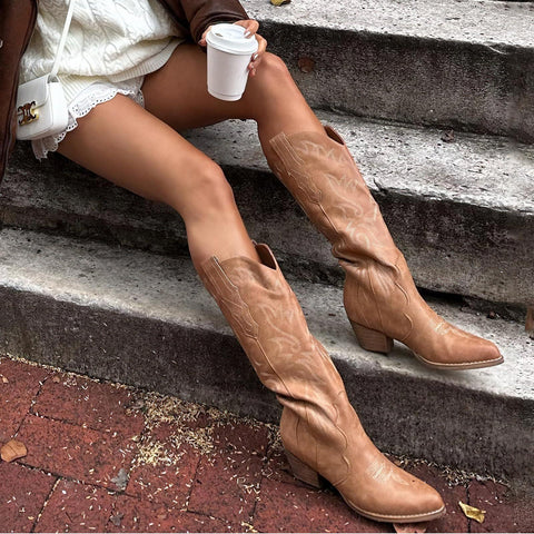 Rollda Cowboy Boots for Women Embroidered Cowgirl Boots Knee-High Western Boots with Chunky Heel